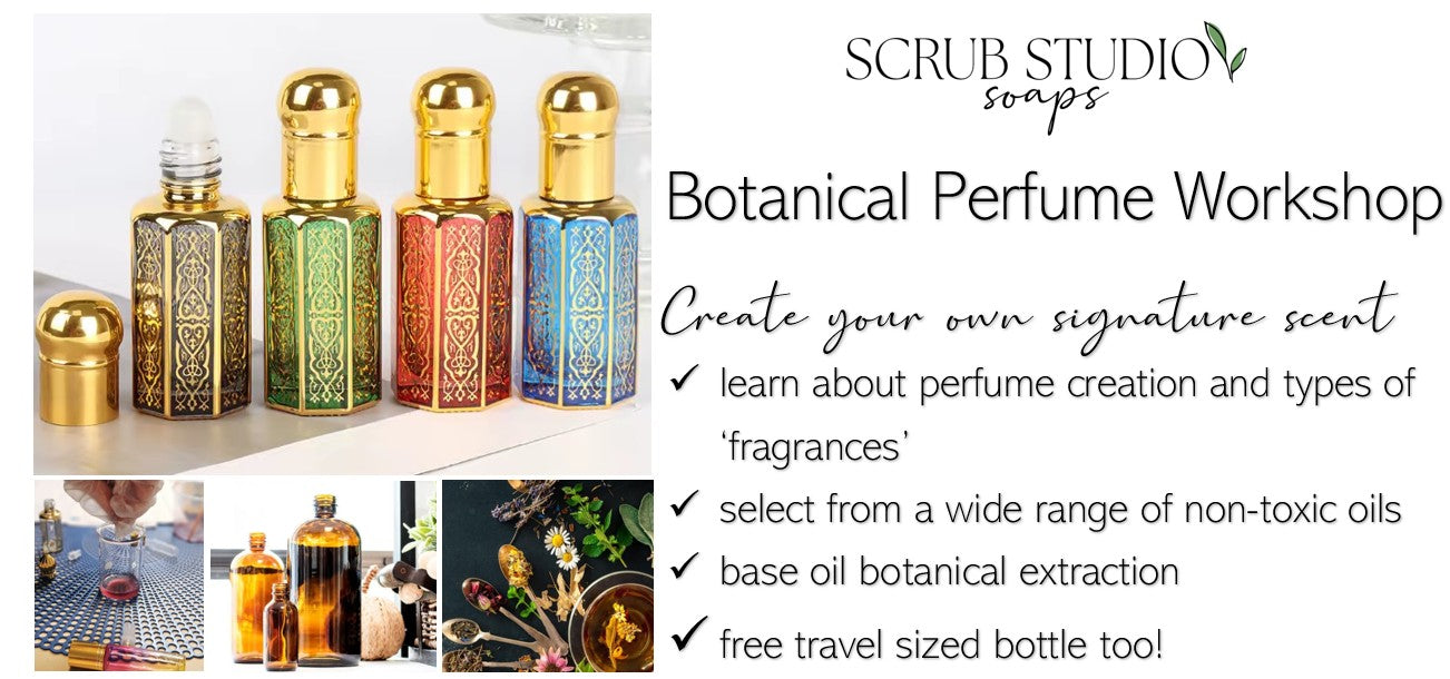 Promotional banner for Scrub Studio Soaps Botanical Perfume Workshop with perfume bottles and text.